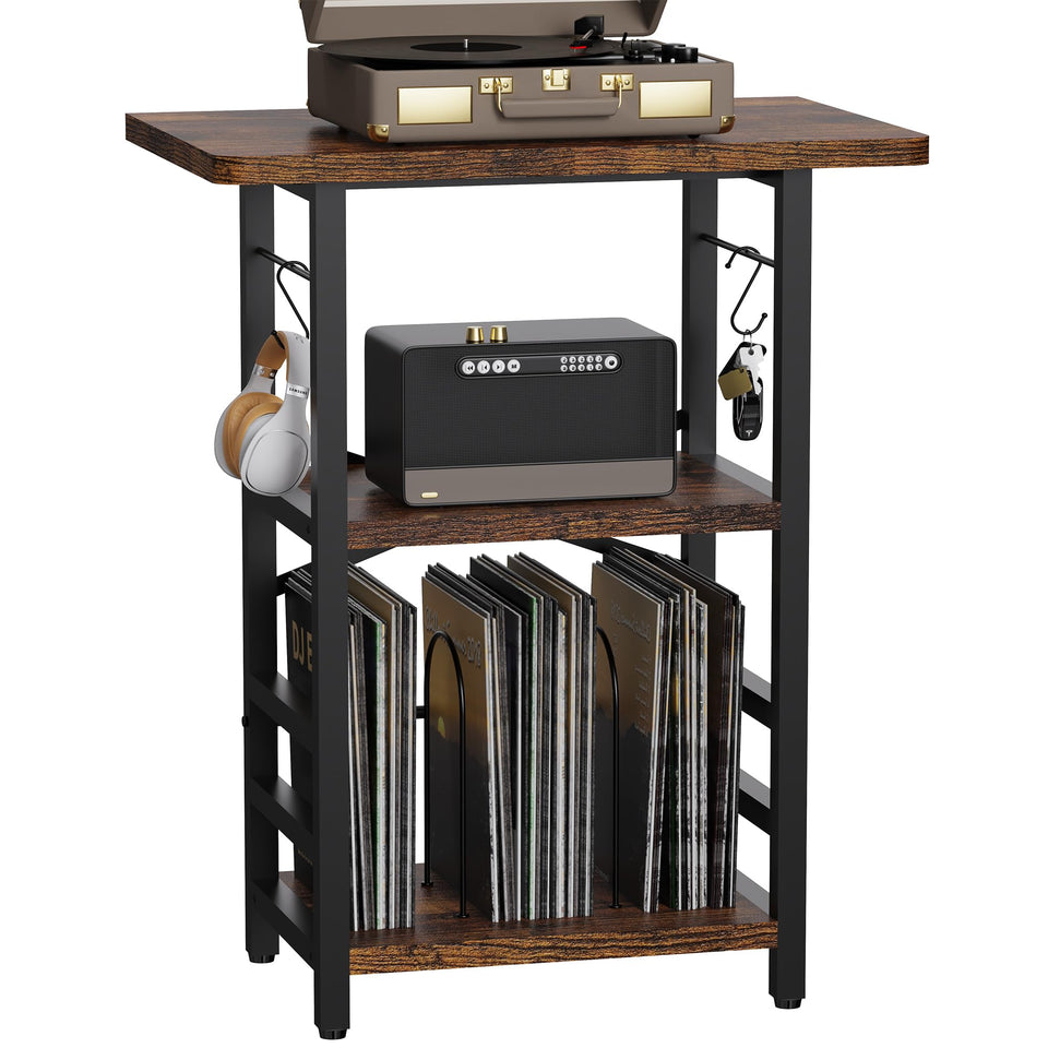 YAKANJ record player stand with extended desktop offers ample space for turntables and records.
