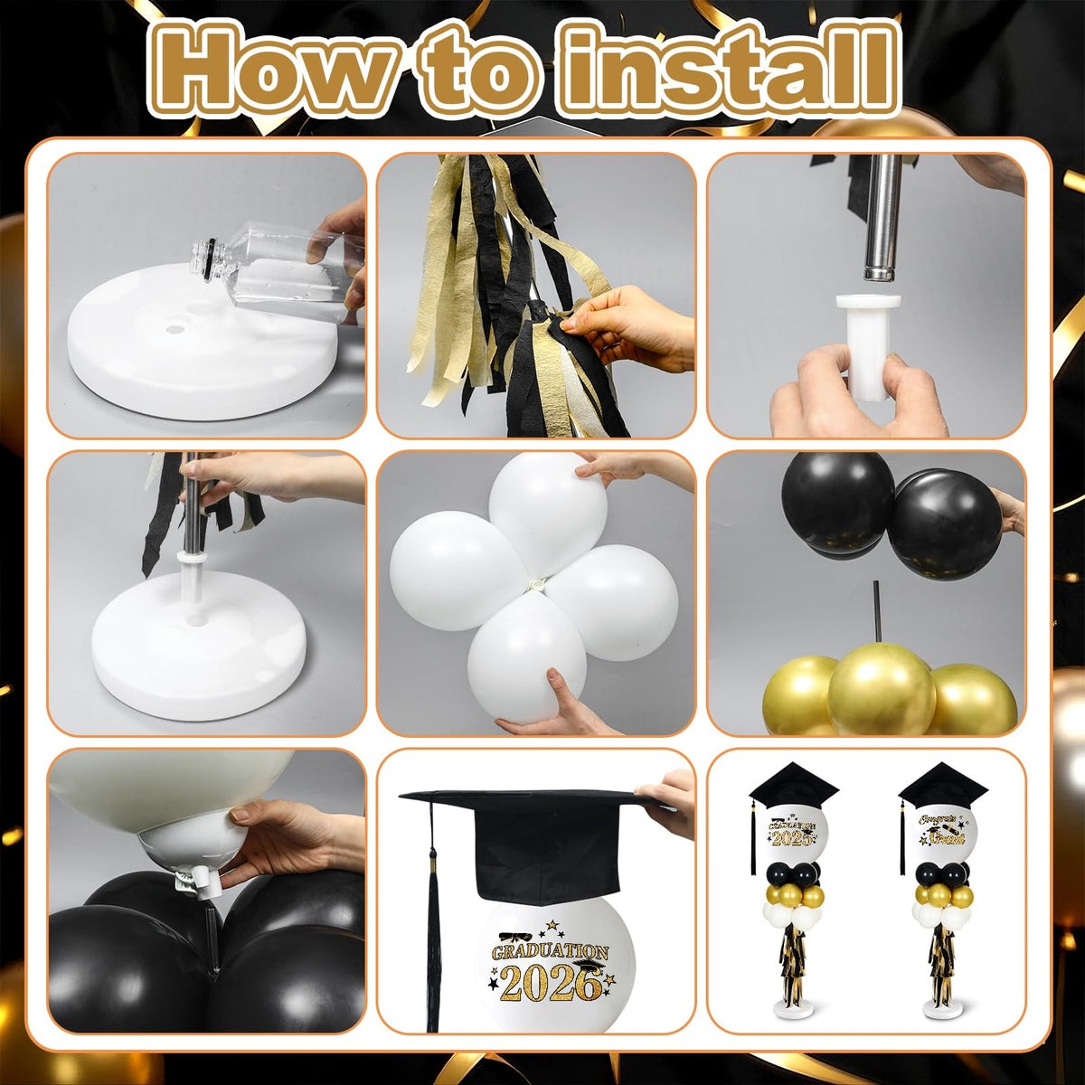 Yalikop 10-inch black, gold, white latex balloons add versatile color accents