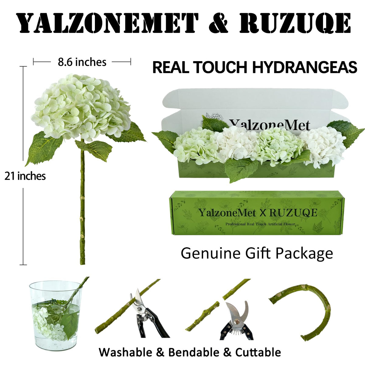 YalzoneMet white hydrangea bloom closeup shows realistic latex petals.