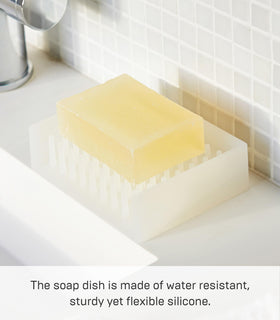Yamazaki soap tray slanted base promotes quick drainage and soap drying.