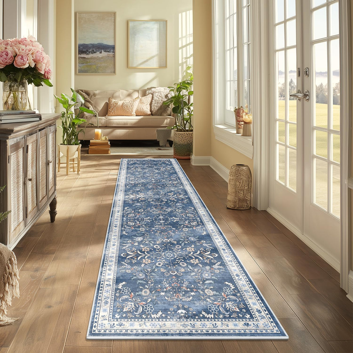 Yamaziot boho floral pattern blue rug enhances entryway decor.