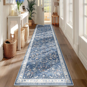 Yamaziot floral runner 2x8 blue provides soft underfoot comfort in busy hallways.
