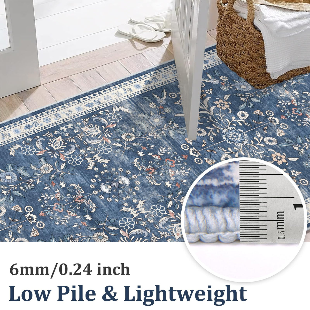 Yamaziot low-pile rug preserves door clearance and prevents snagging.