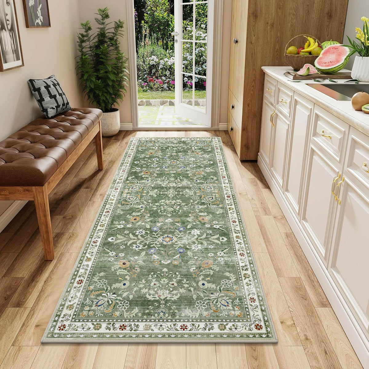 Yamaziot washable runner rug with green boho floral pattern, easy to clean for high-traffic areas