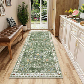 Yamaziot washable runner rug with green boho floral pattern, easy to clean for high-traffic areas