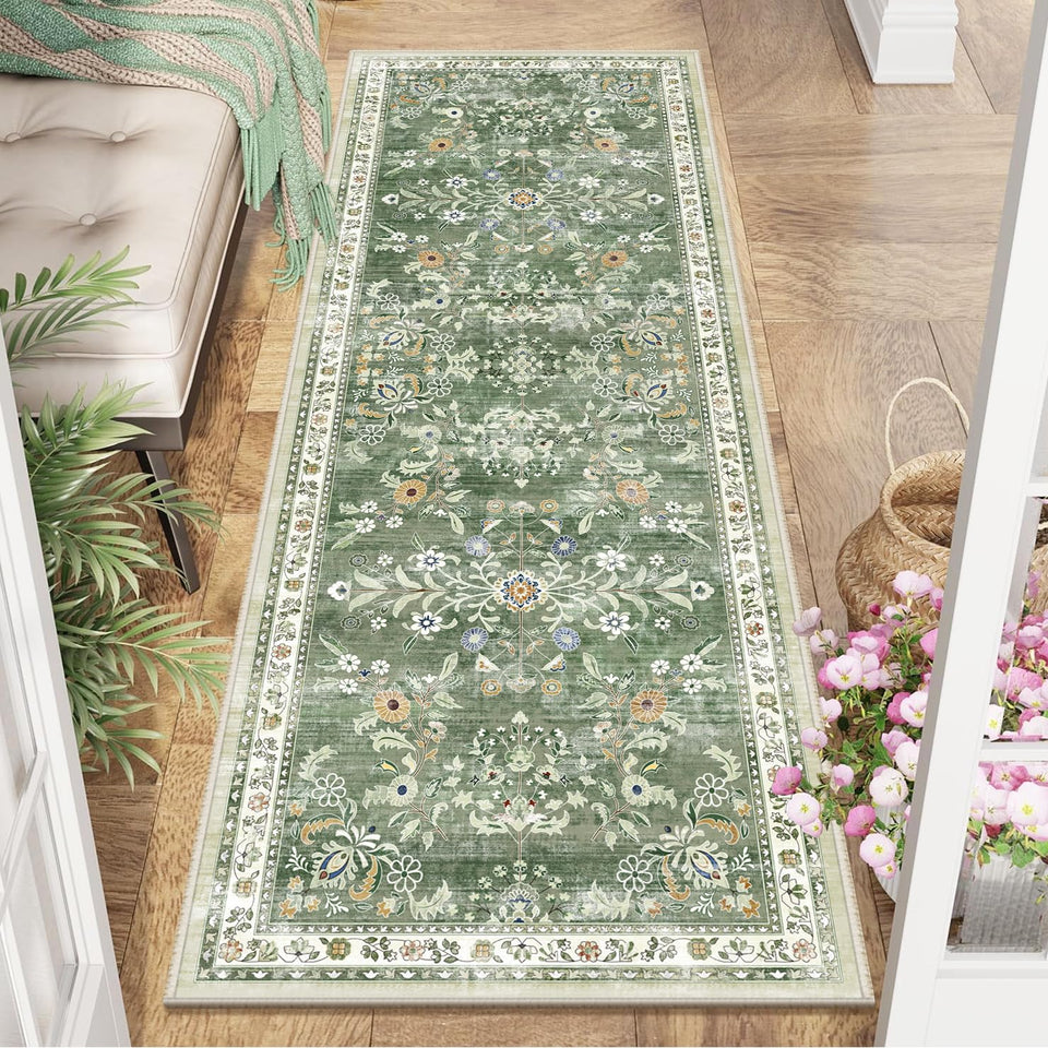 Yamaziot washable runner rug with boho floral pattern offering soft underfoot comfort.