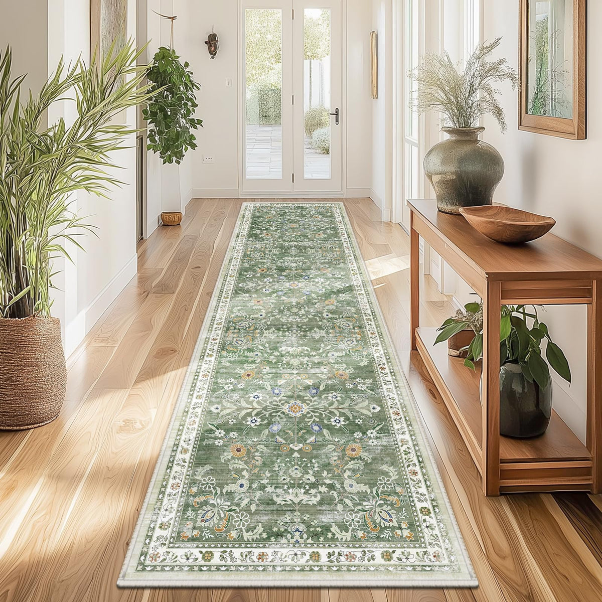 Yamaziot washable runner rug with floral pattern offers soft comfort in busy hallways.