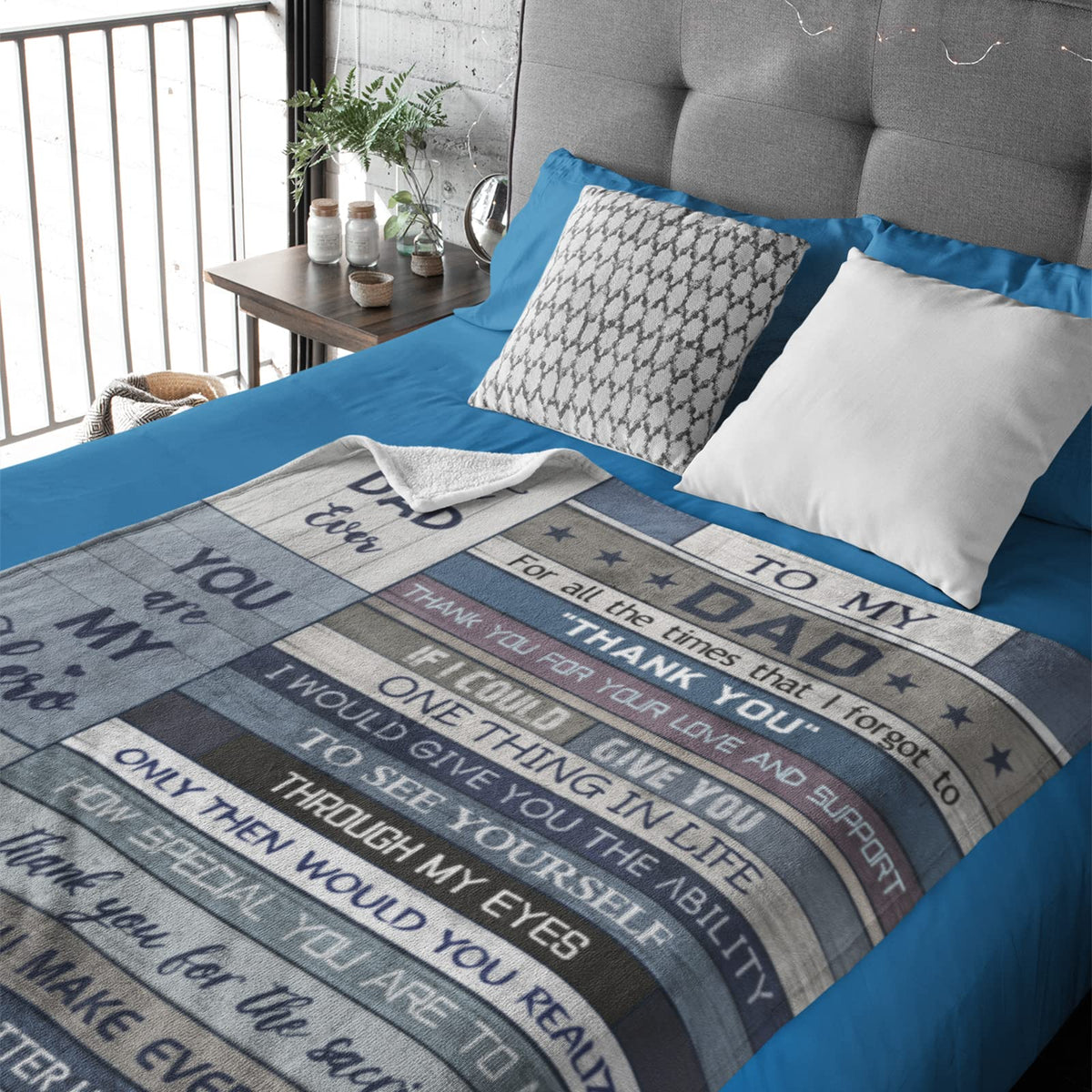 Yamco for Dad blanket, on bed, wrinkle-free warmth all season.