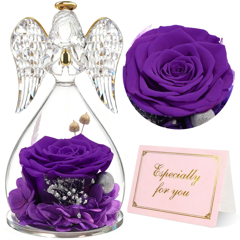 Yamonic angel-rose-figurine-purple preserved bloom keepsake for gifting