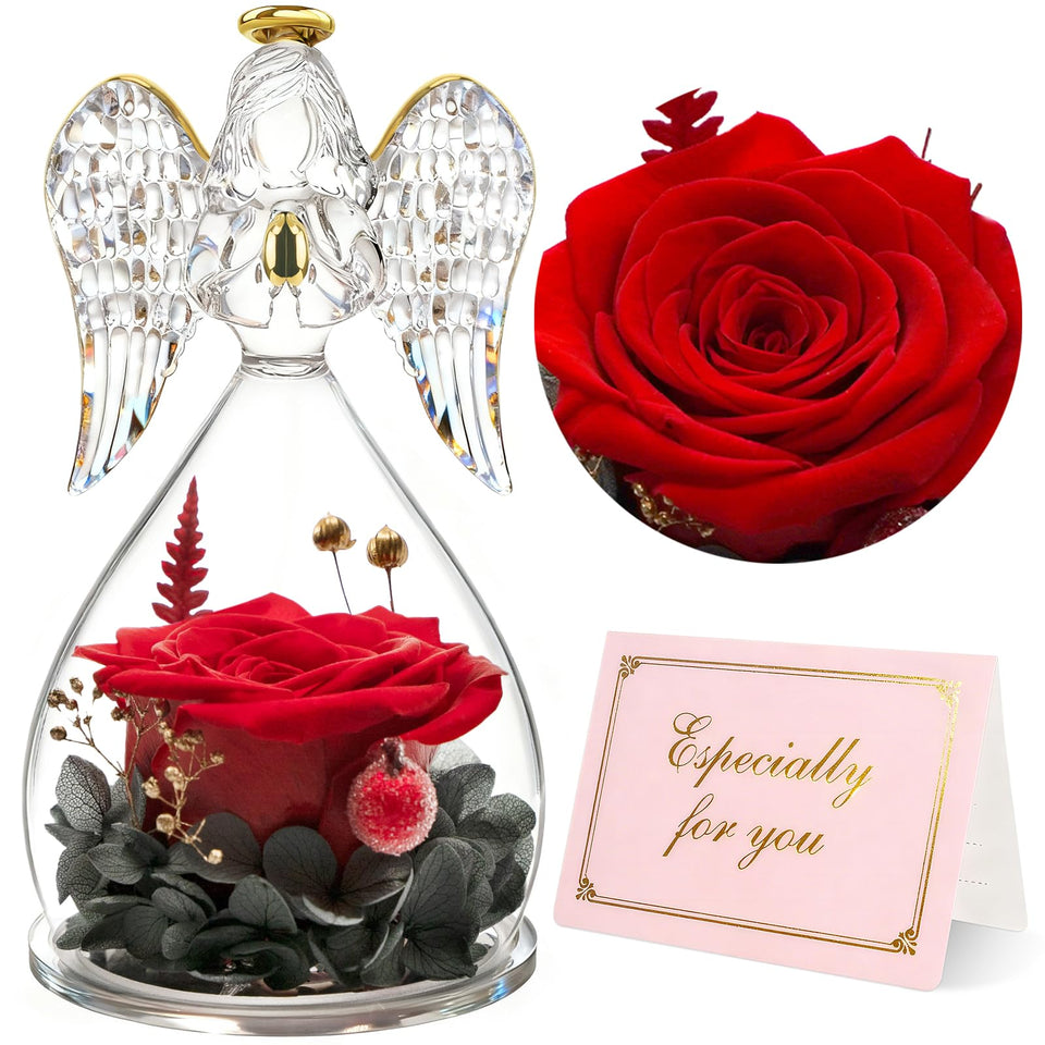 Yamonic glass angel preserved rose figurine on display as a timeless keepsake