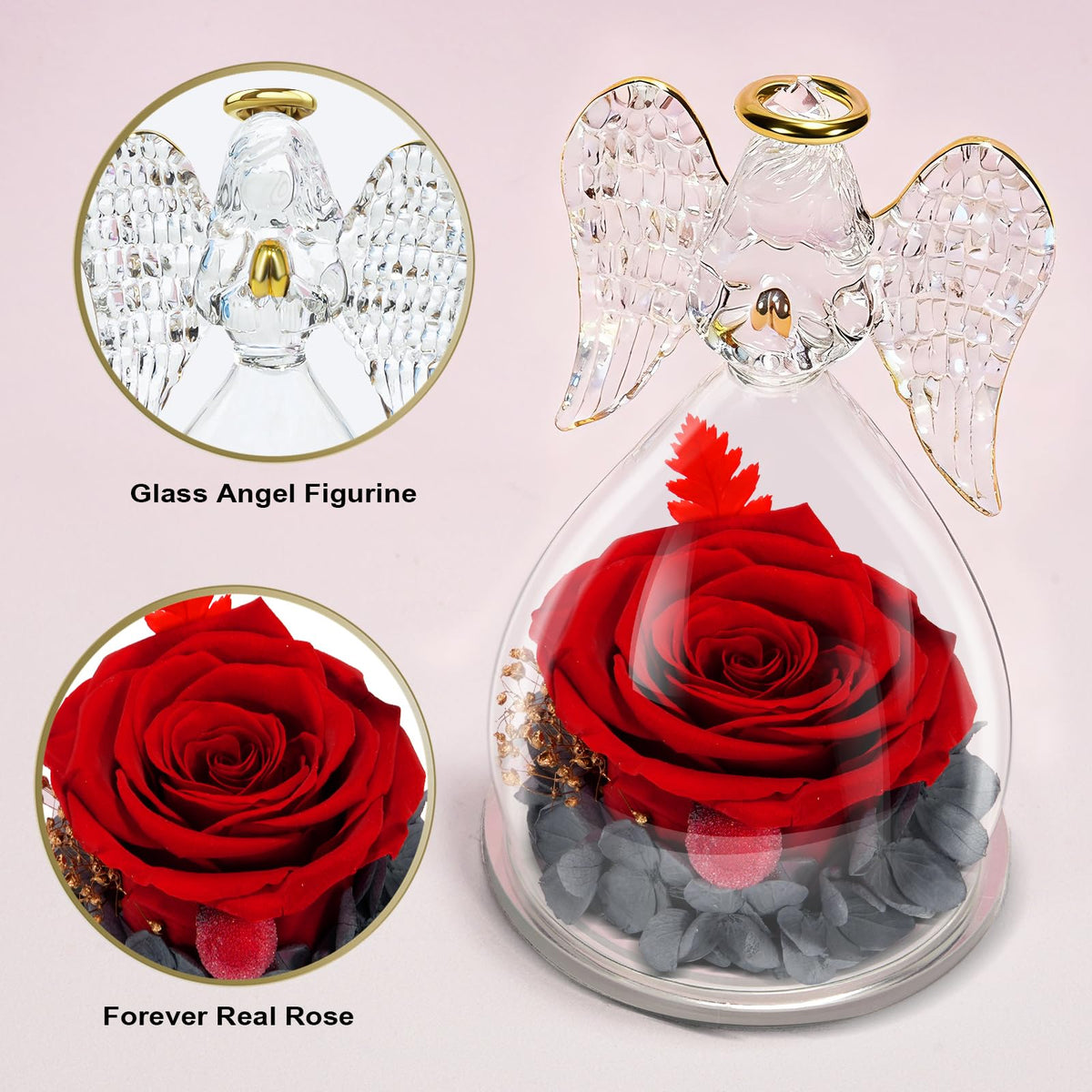 Yamonic handcrafted angel statue with preserved rose for elegant home decor