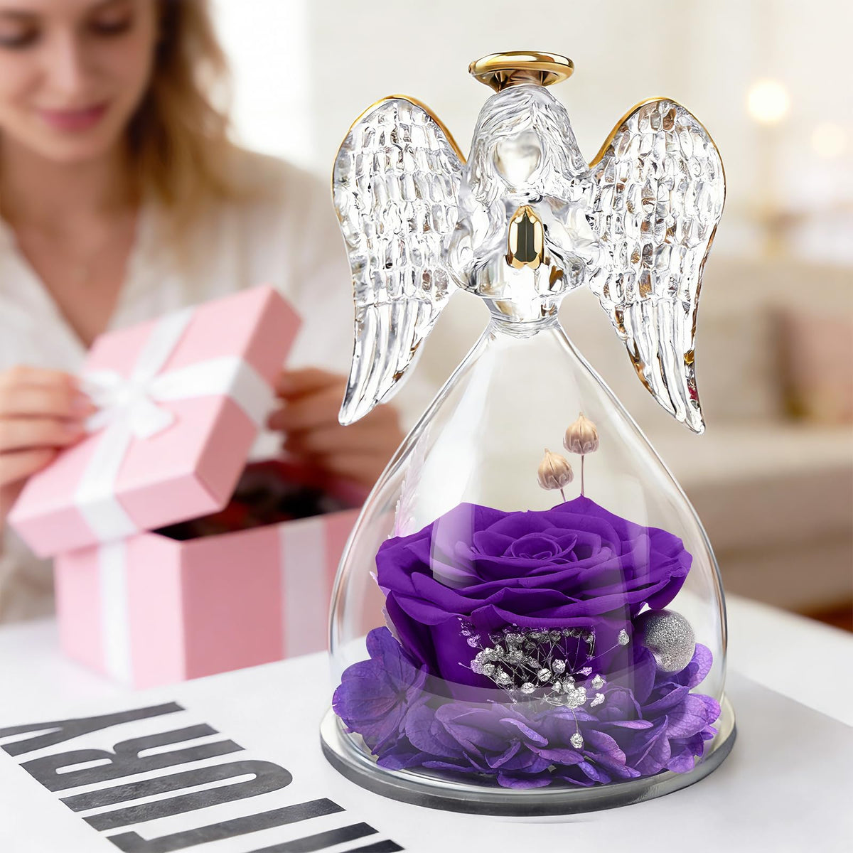 Yamonic preserved-rose-glass-angel-purple maintains beauty without watering