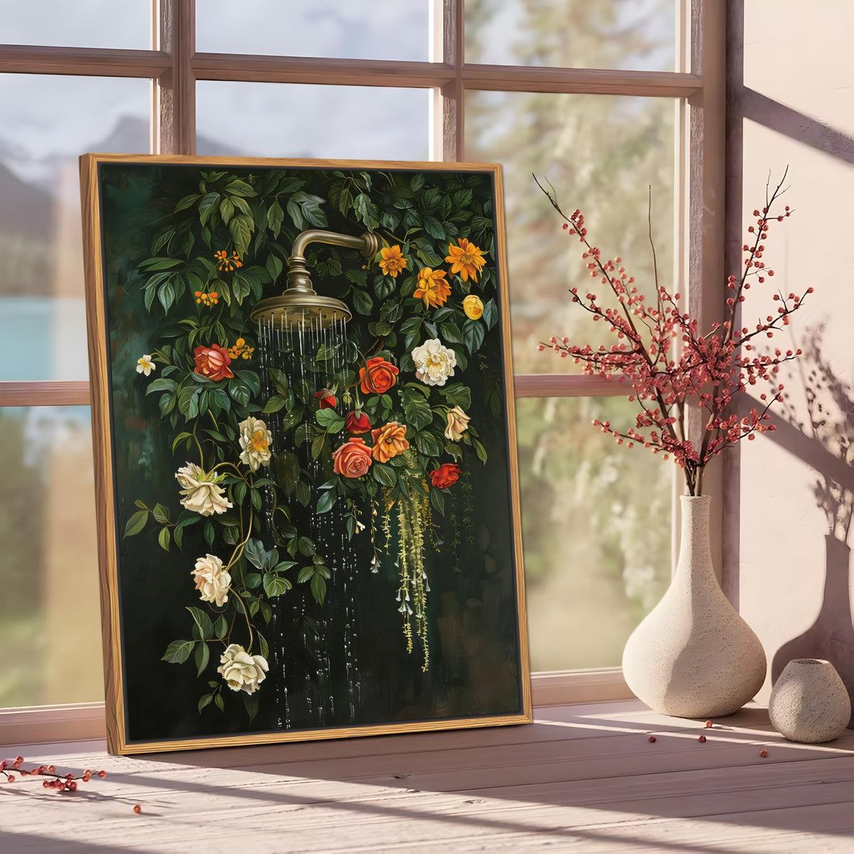 Yaneiro vivid floral on rich canvas brightens bathrooms and hallways.