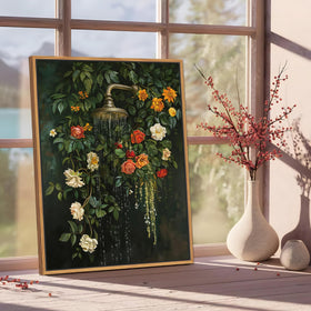 Yaneiro vivid floral on rich canvas brightens bathrooms and hallways.
