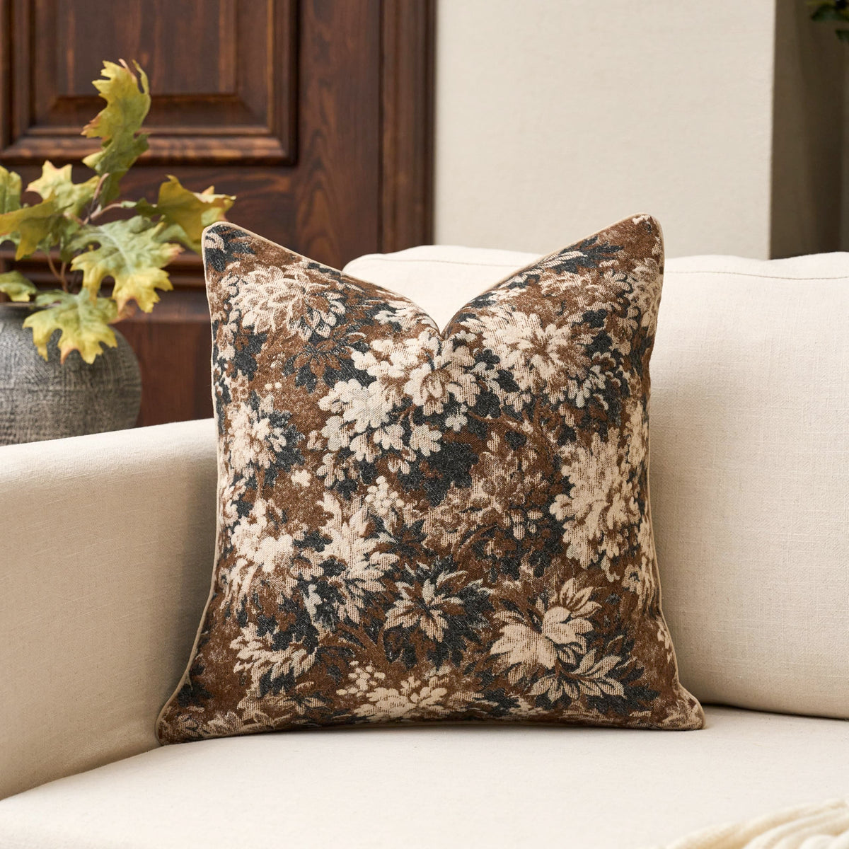Yangest neutral floral pillow cover front view adds cozy farmhouse charm to your living space.