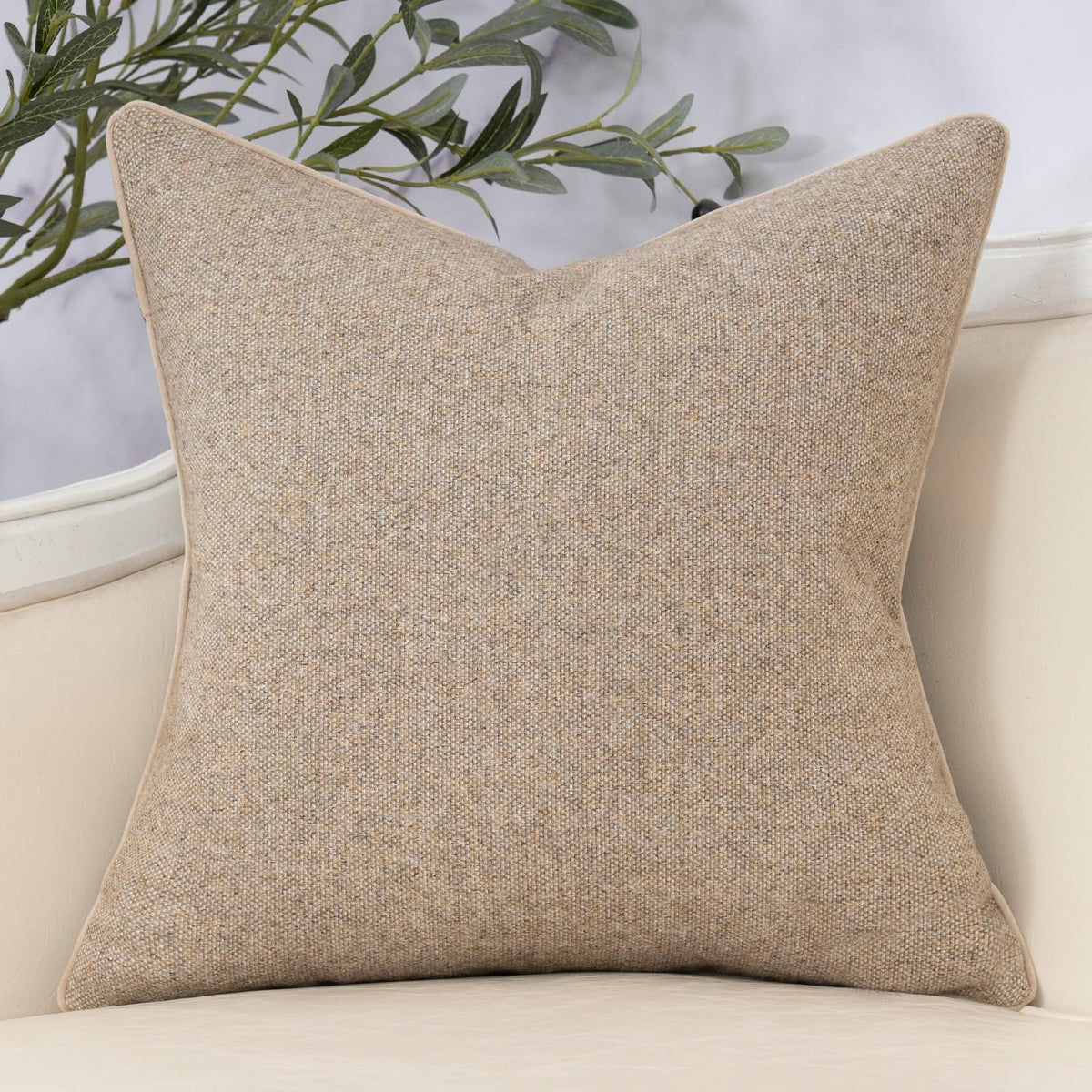 Yangest neutral floral pillow cover back view in solid fabric for two tone styling