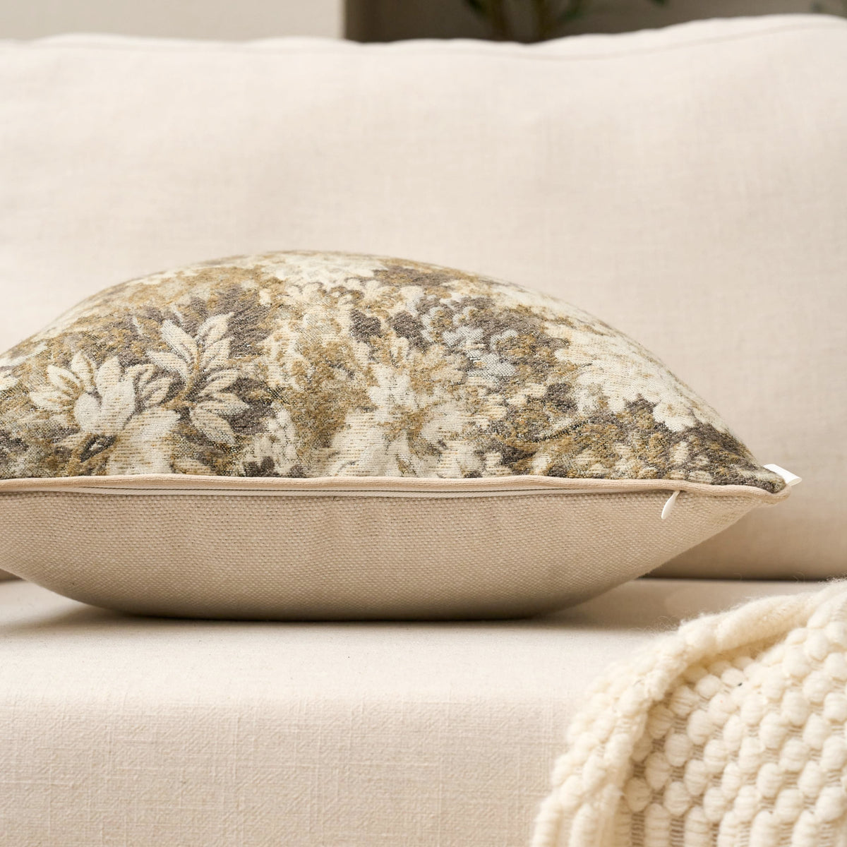 Yangest Neutral Floral Pillow Cover fabric closeup highlighting soft, durable chenille texture.