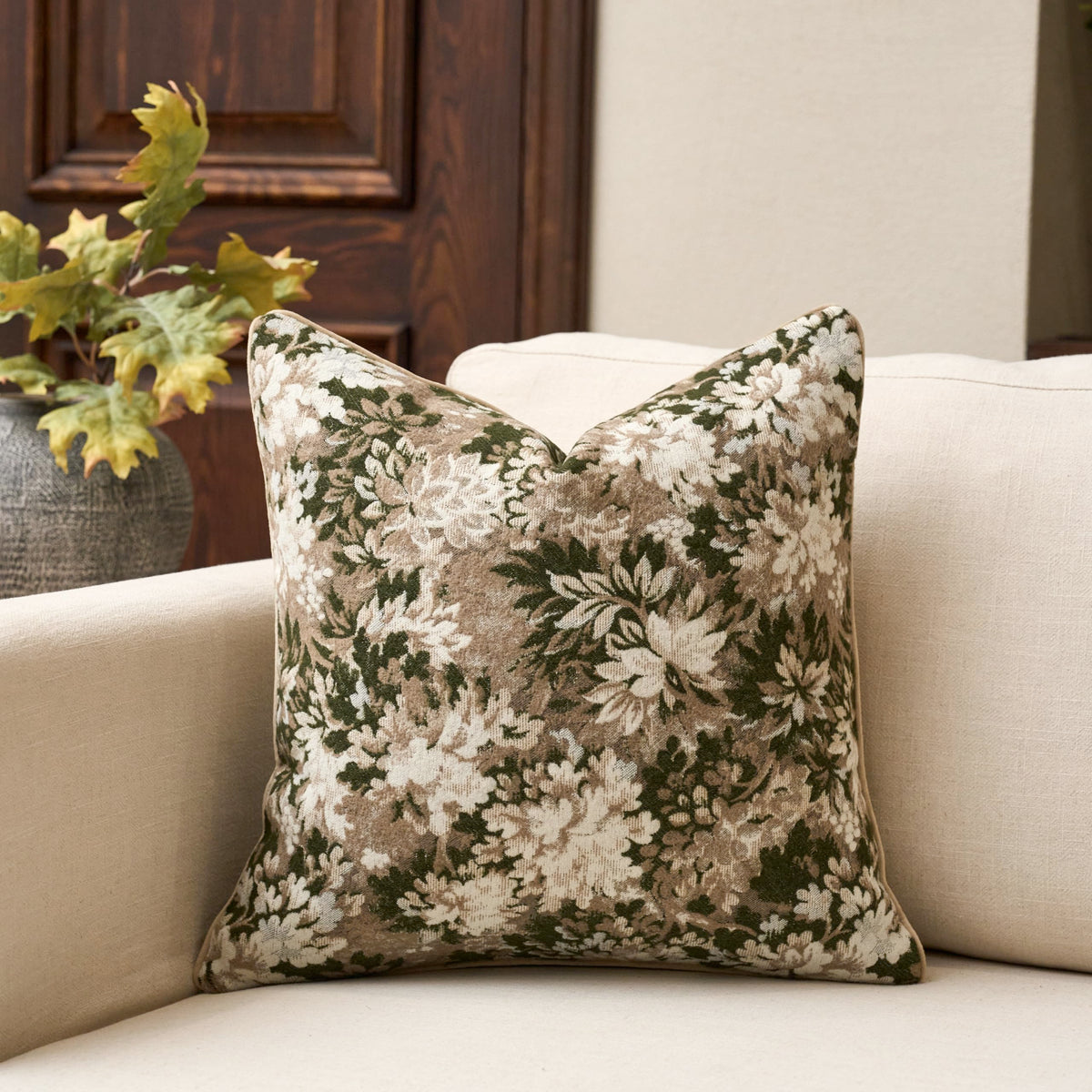 Yangest neutral floral pillow cover front view showing soft chenille texture for cozy living spaces