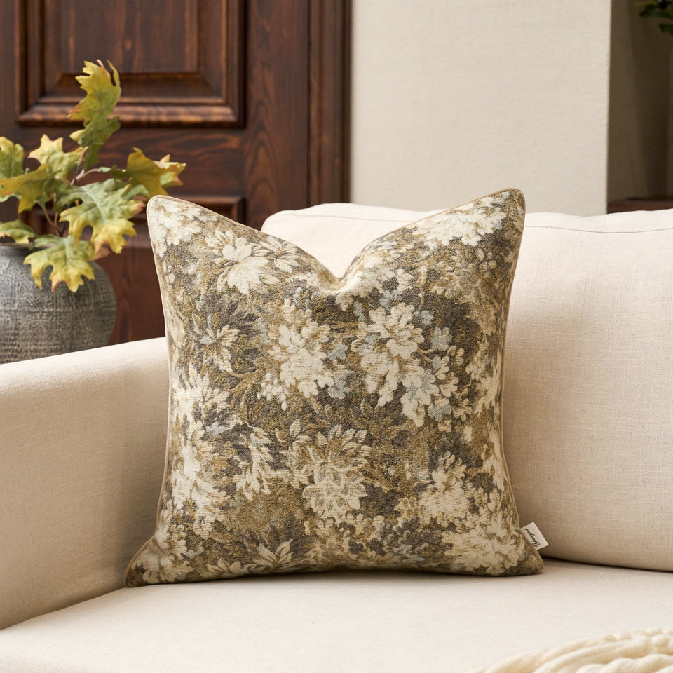 Yangest Neutral Floral Pillow Cover front view with plush chenille texture for chic living room decor.