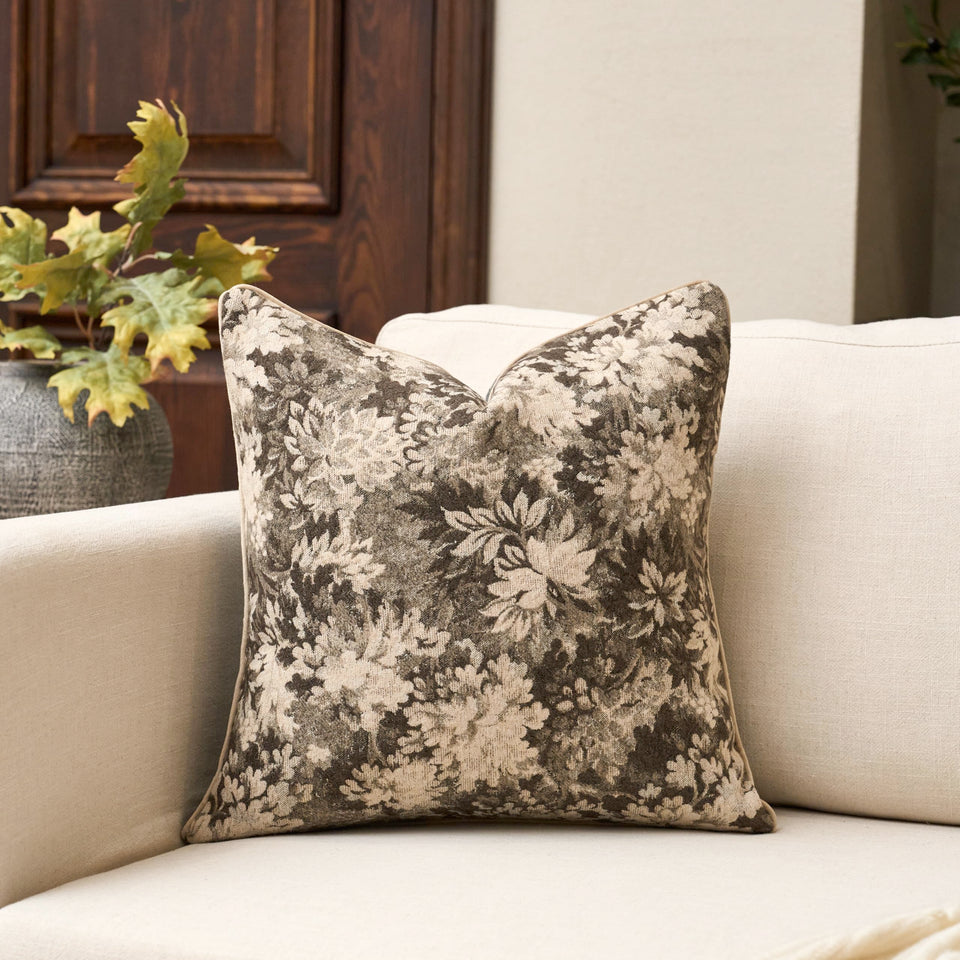 Yangest Neutral Floral Pillow Cover front view in soft grey chenille fabric enhances living room decor.