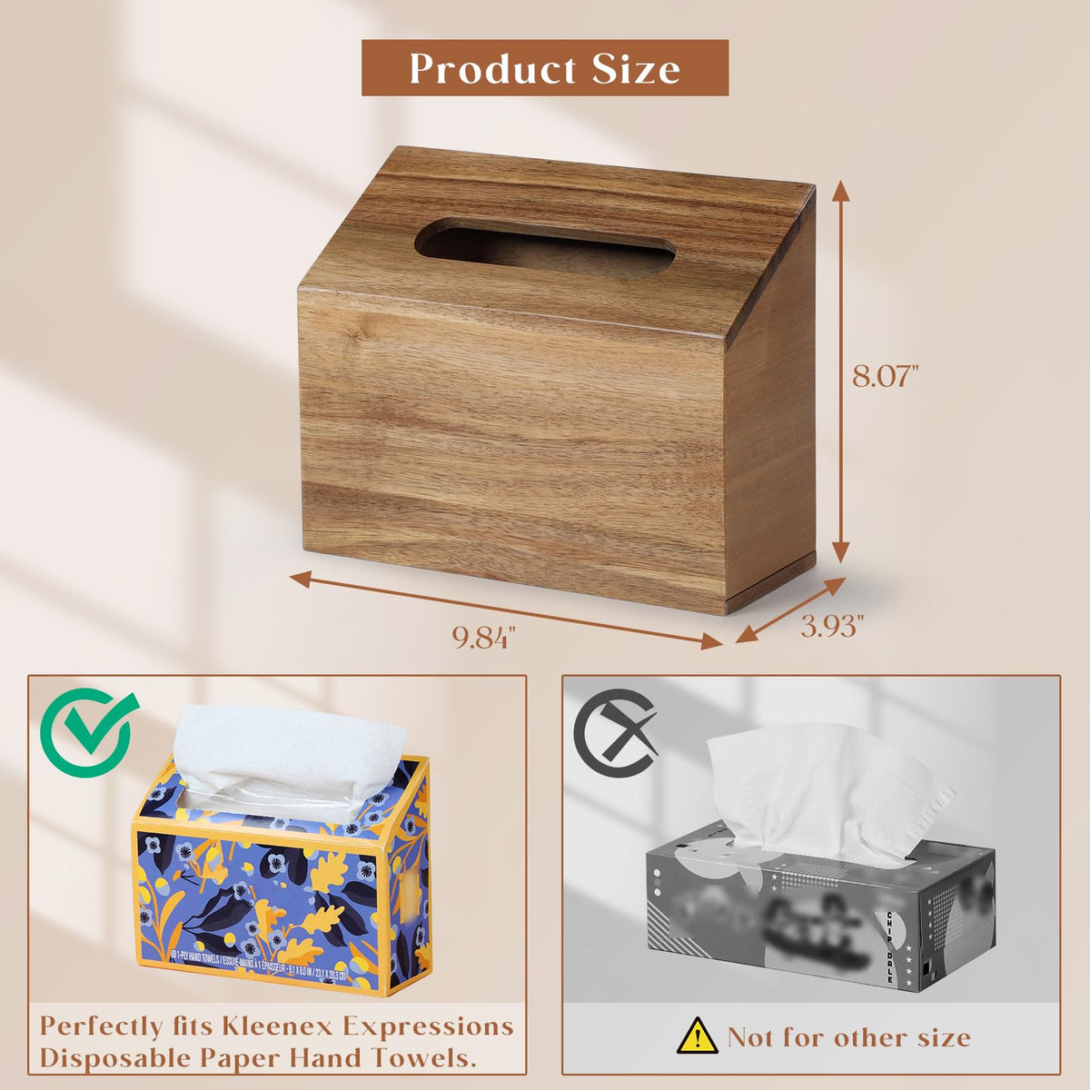 YANGQIHOME acacia towel box cover side view highlighting slim profile for table use.