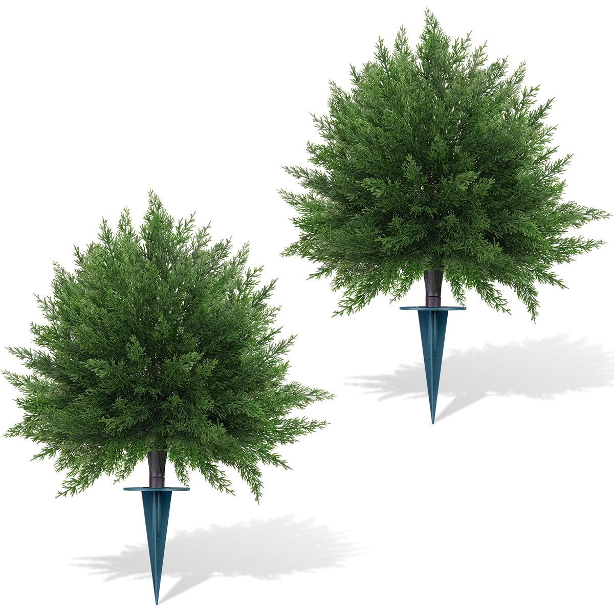 Yangrass artificial cypress topiary ball with ground spike for outdoor installation.
