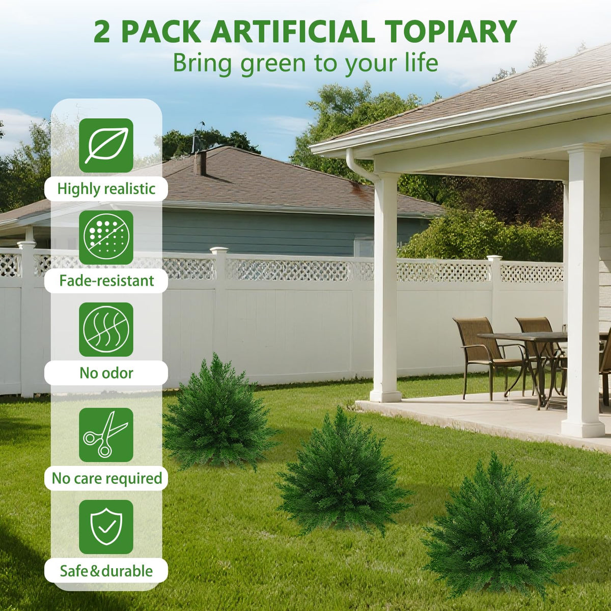Yangrass topiary ball shows dense foliage for lush porch accents.