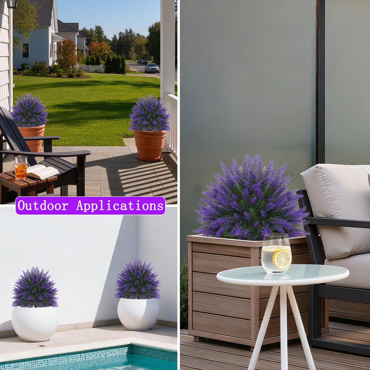 Porch scene featuring Yangrass lavender topiaries for curb appeal