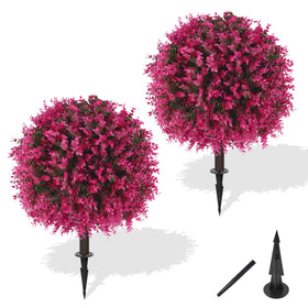 Yangrass pink eucalyptus topiary ball with ground spike for outdoor styling.