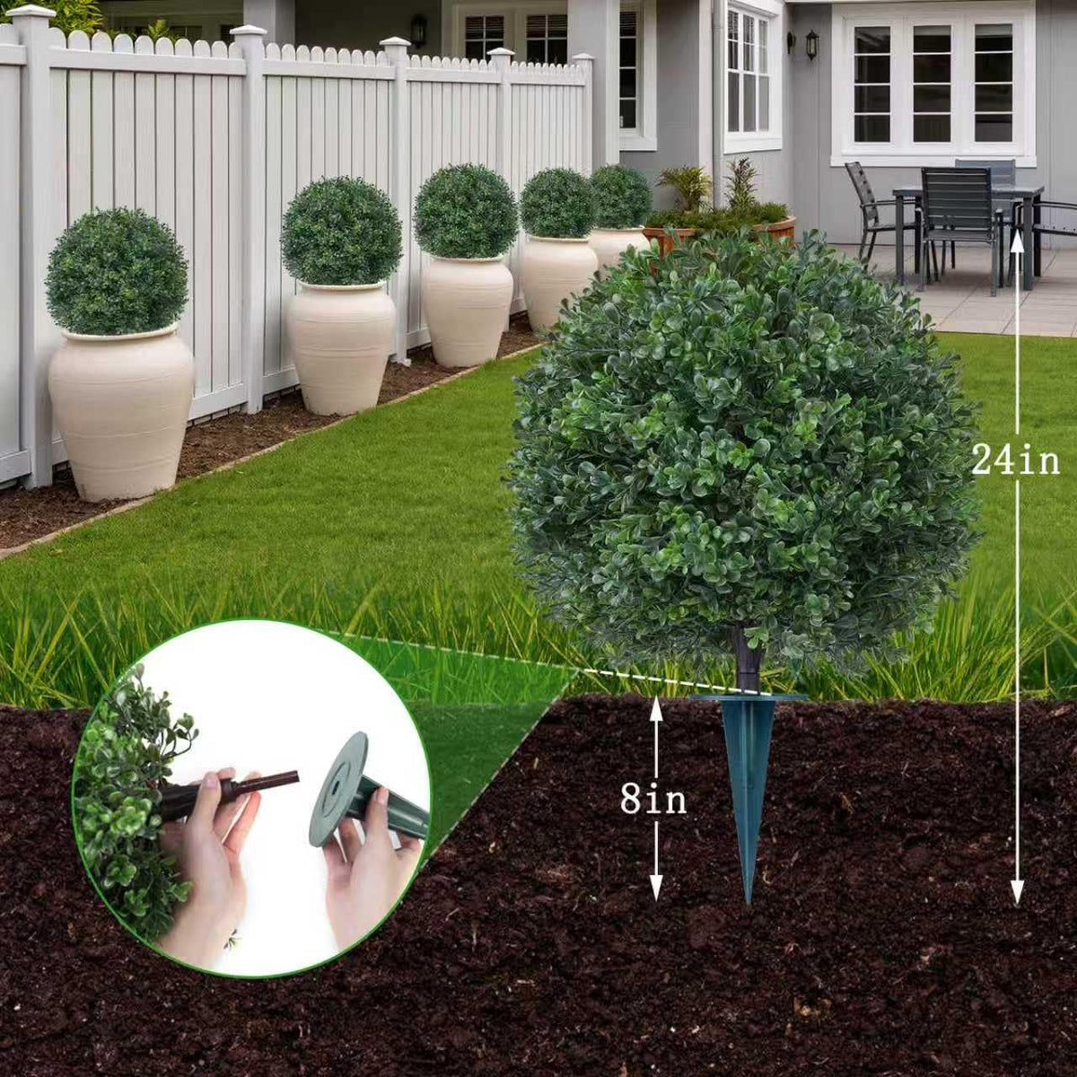 Yangrass topiary with built-in spikes for easy soil insertion.