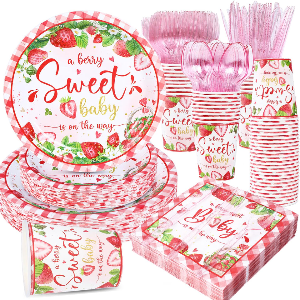 Yaniio Berry Sweet Baby 9-inch dinner plate with strawberry motif for stylish baby shower dining.