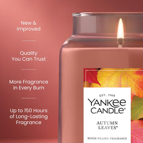 Yankee Candle Autumn Leaves wax blend close-up, rich fragrance diffusion for gatherings.
