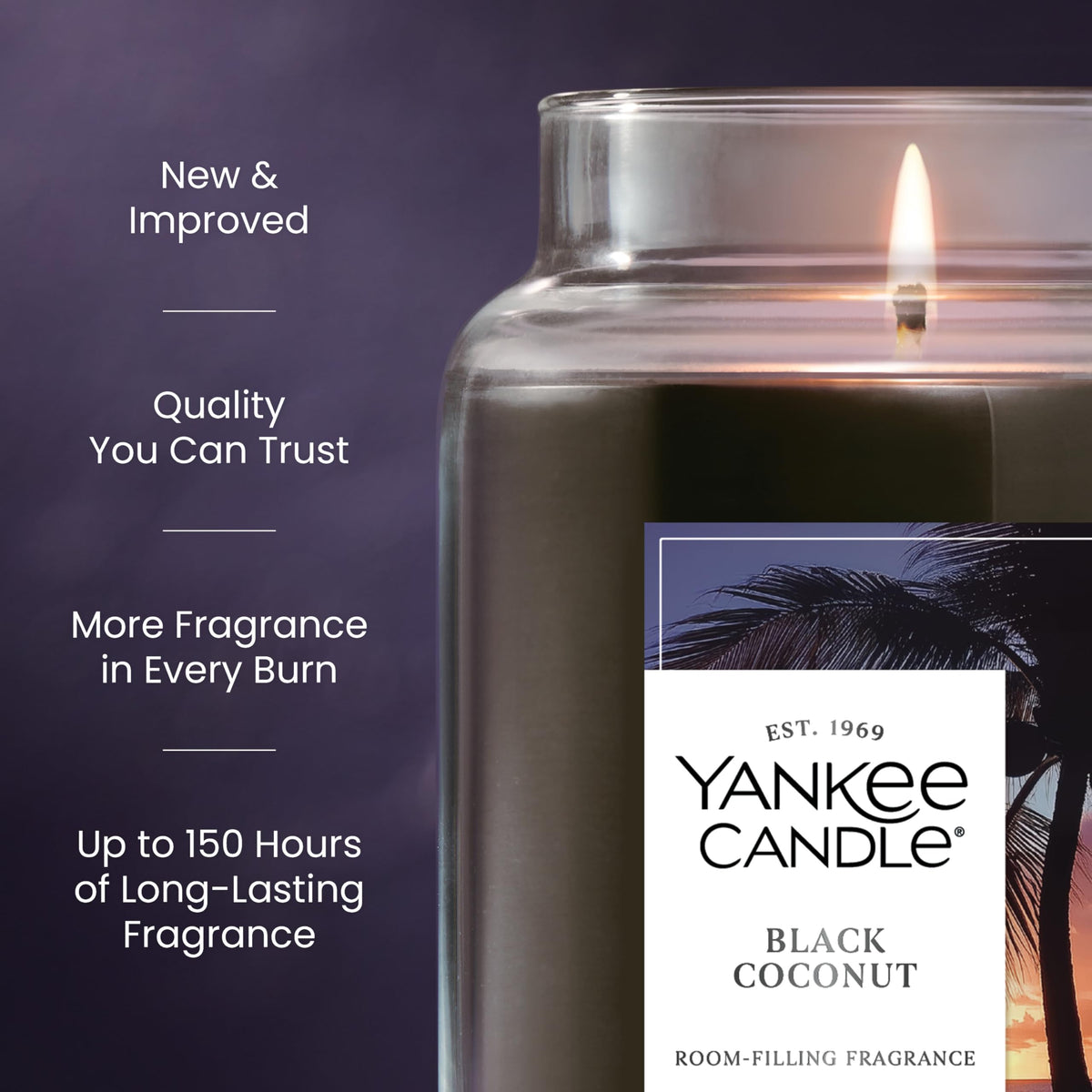 Yankee Candle Black Coconut candle burning with warm glow to fill the room.