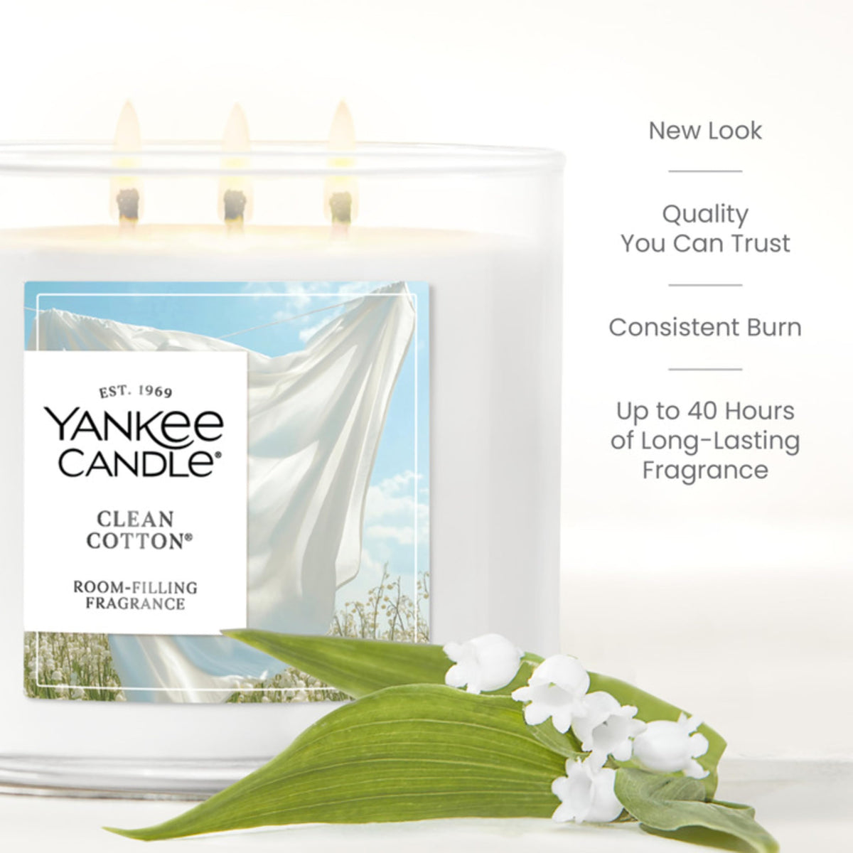 Yankee Candle Clean Cotton fragrance pours; cozy air fills the room.