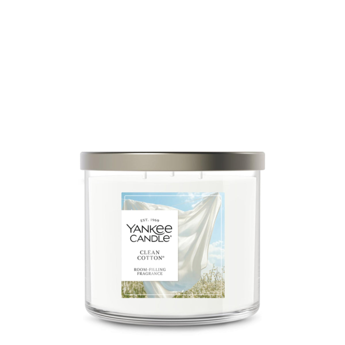 Yankee Candle Clean Cotton jar on a shelf creates a fresh, inviting home scent.