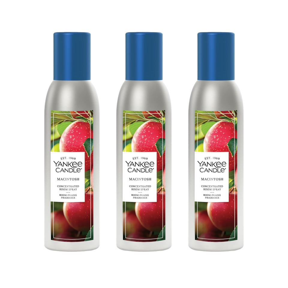 Yankee Candle Macintosh room spray delivering instant fragrance in a living room.