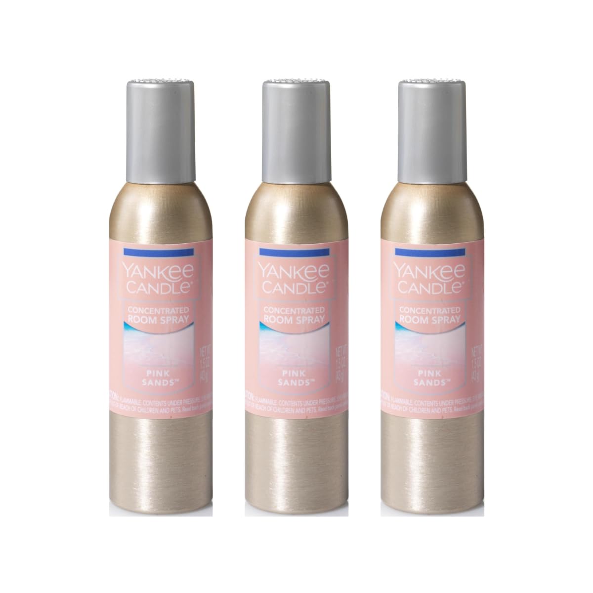 Yankee Candle Pink Sands pack-3 bottle closeup for quick, lasting room fragrance.