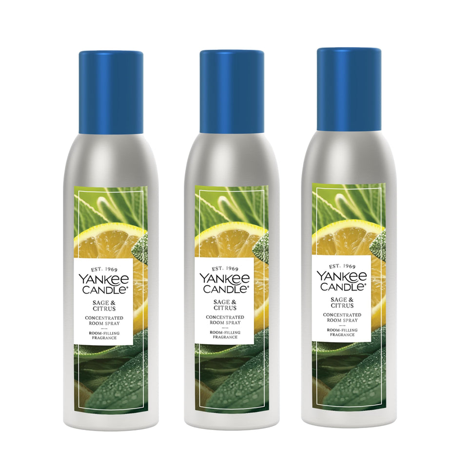 Yankee Candle concentrated room spray bottle shows Sage & Citrus scent for quick room refresh