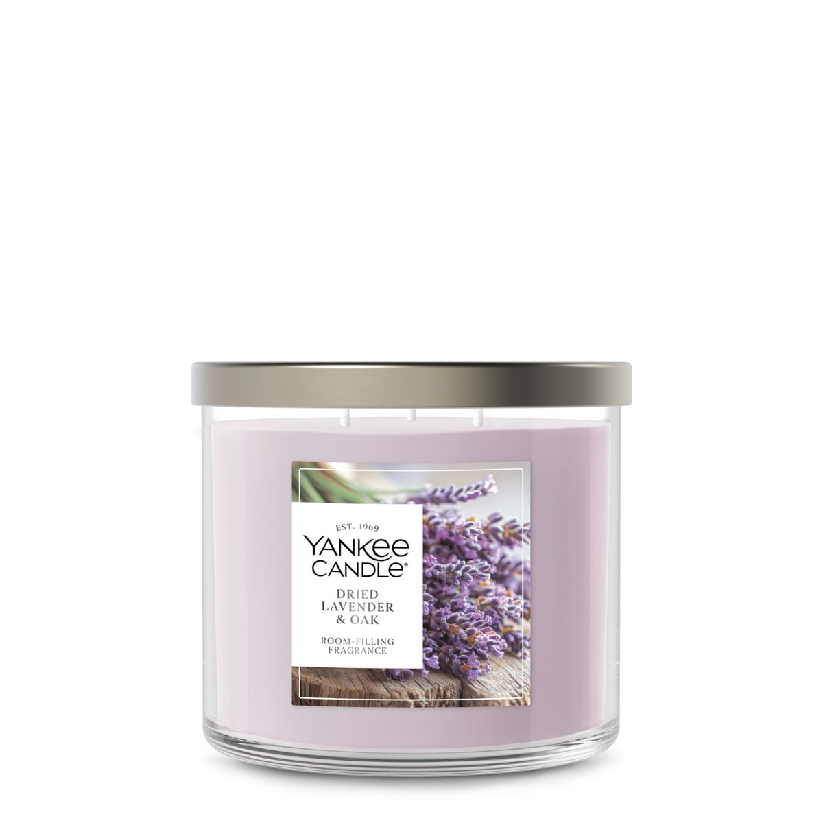 Yankee Candle Dried Lavender & Oak jar showcases lavender and wood notes for inviting ambiance.