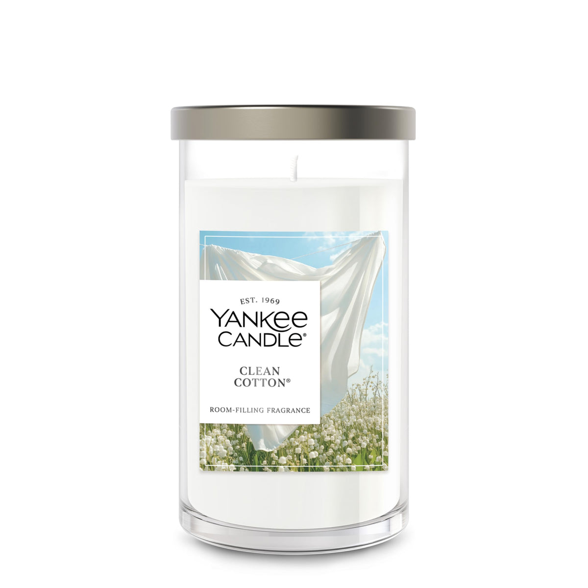 Yankee Candle Clean Cotton pillar with crisp, refreshing fragrance for living spaces