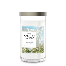 Yankee Candle Clean Cotton pillar with crisp, refreshing fragrance for living spaces