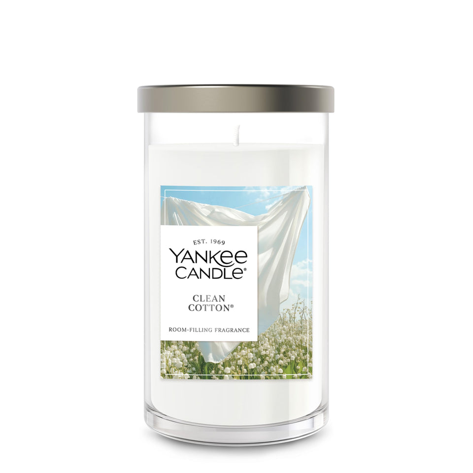 Yankee Candle Clean Cotton pillar with crisp, refreshing fragrance for living spaces