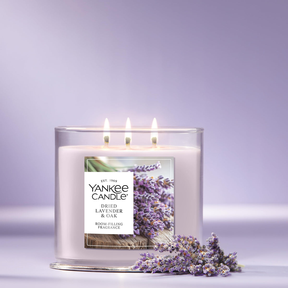 Yankee Candle three natural-fiber wicks for even burn across the candle.
