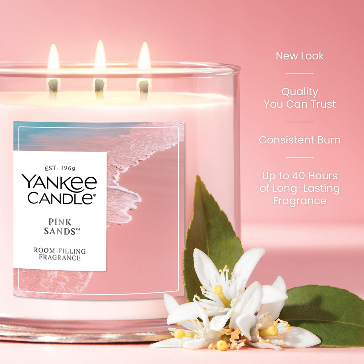 Yankee Candle Pink Sands plant wax blend close-up for clean burn and steady scent.