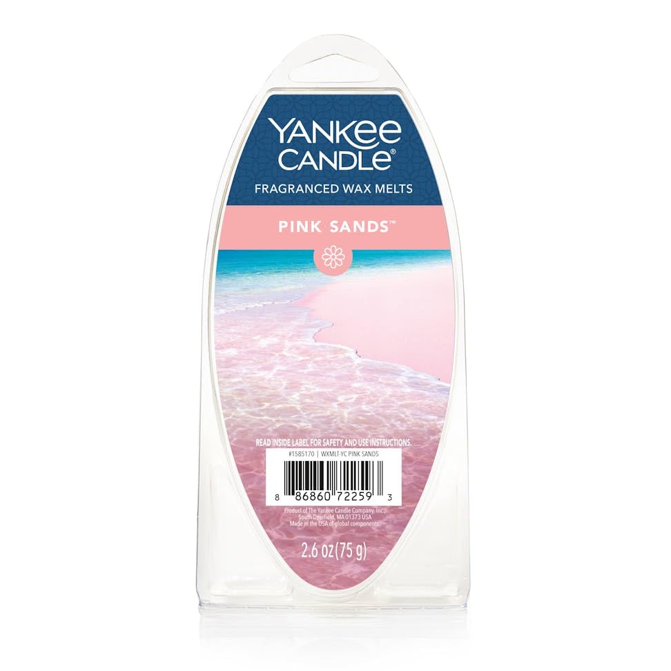 Close-up of Yankee Candle Pink Sands wax melts releasing tropical notes.