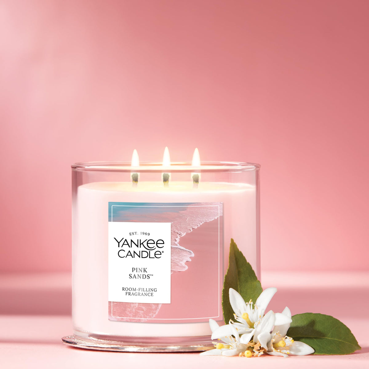 Yankee Candle Pink Sands three-wick setup ideal for social areas.