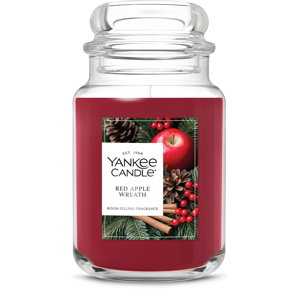 Yankee Candle Red Apple Wreath 22oz jar label closeup highlighting festive packaging and inviting aroma.