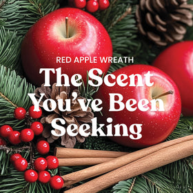 Yankee Candle Red Apple Wreath label closeup, festive packaging for holiday gifting.