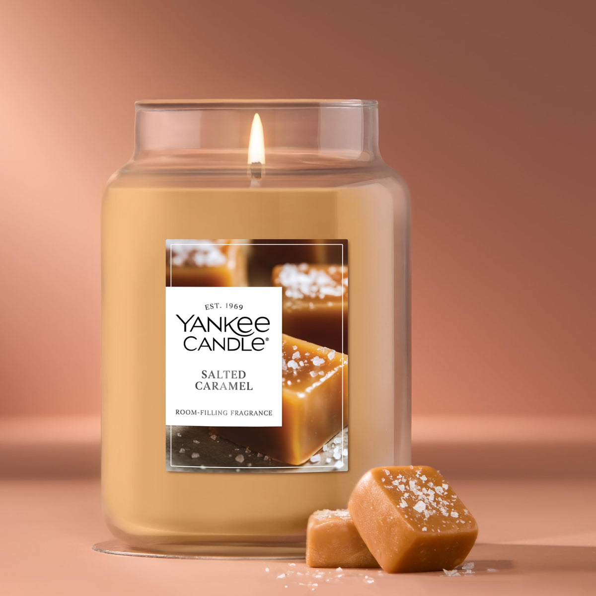 Yankee Candle Salted Caramel jar on surface for versatile decor.