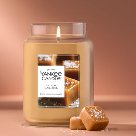 Yankee Candle Salted Caramel jar on surface for versatile decor.